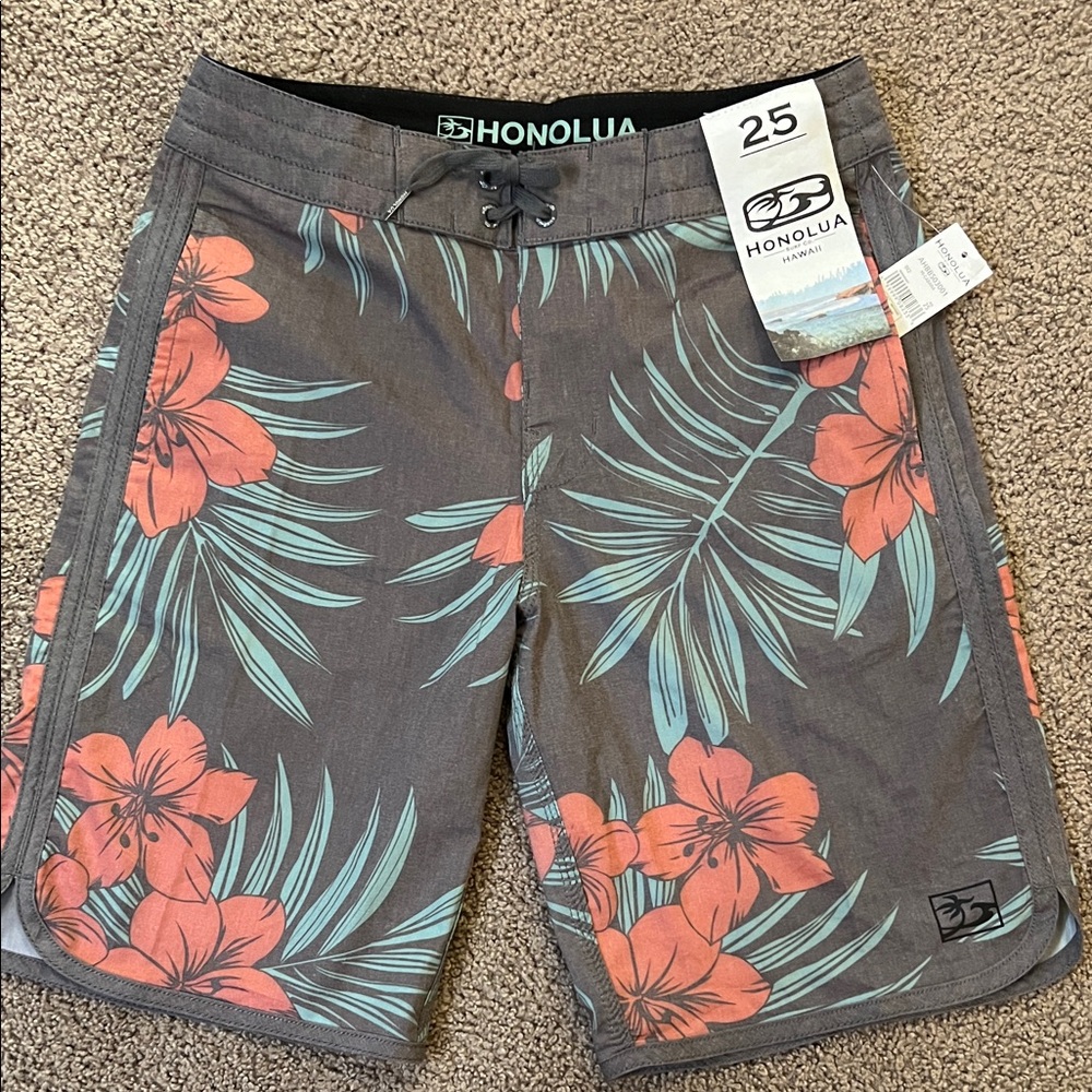 Honolua Surf Co.Cabana Grey Hawaiian Print Unlined Board Shorts Swim NWT